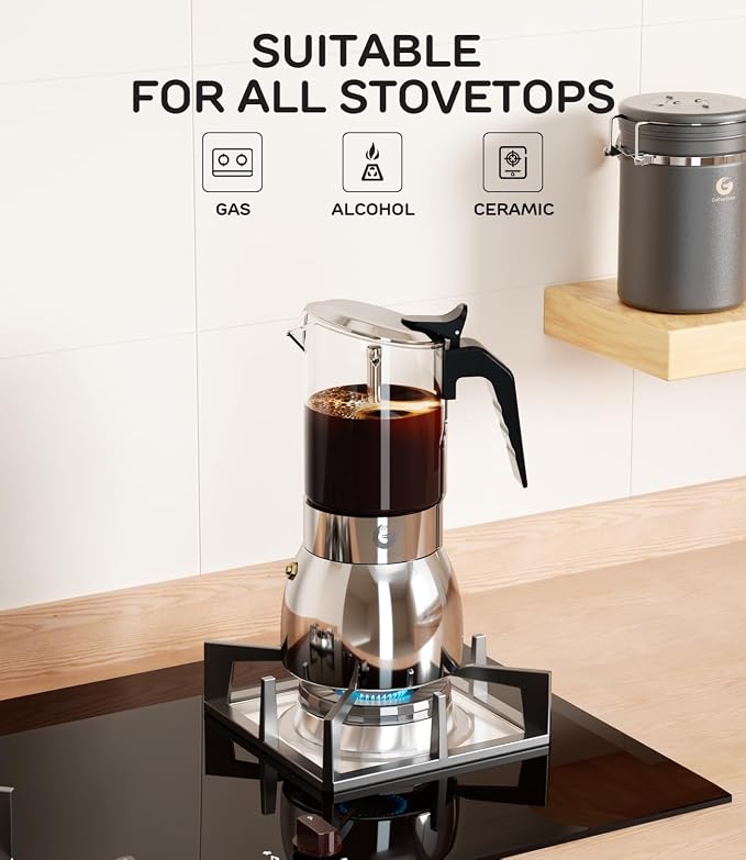 Coffee Gator 9 Cup Moka Pot, 15oz Stovetop Espresso Maker for Italian Coffee, Transparent Glass & Stainless Steel Design, Silver, 450ml - Image 6
