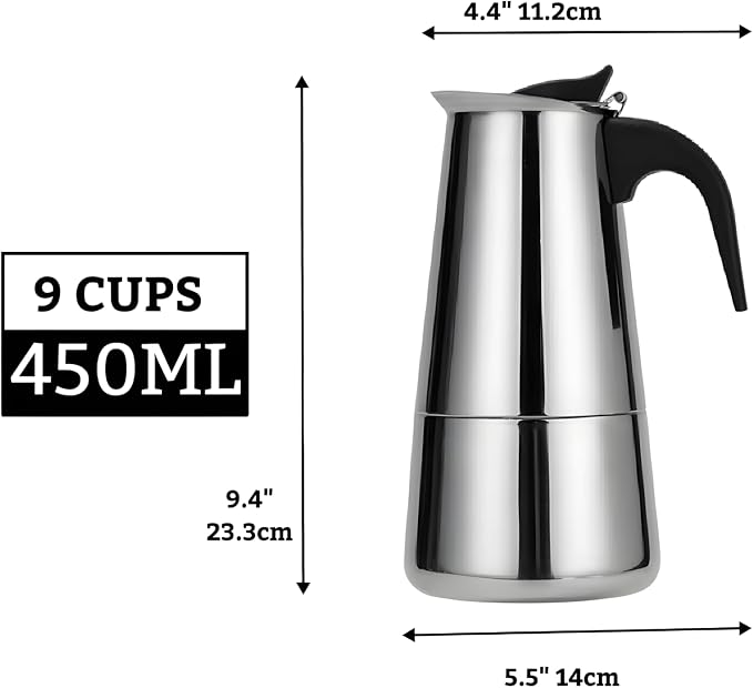 Stainless Steel Moka Pot, Gas/Electric Stovetop Espresso Maker, Percolator Coffee Pot Italian Percolator Cuban Café Brewing, Greca Coffee Maker (9CUP 450ml) - Image 9