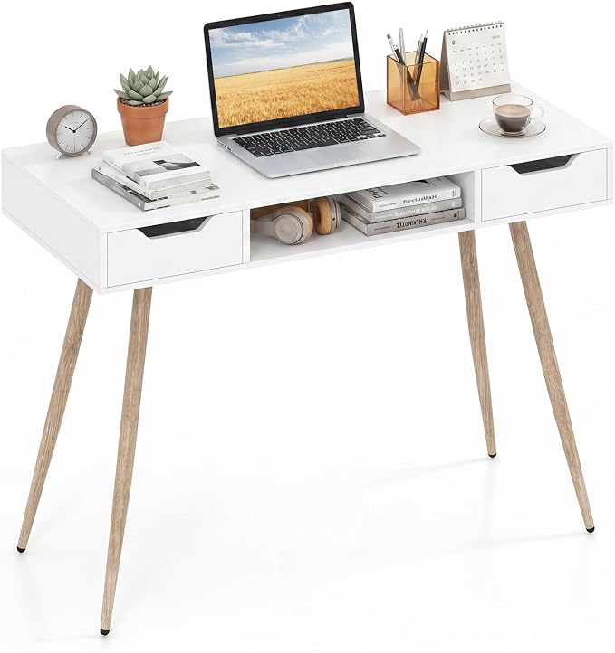Giantex White Computer Desk with Drawers, 42.5" Minimalist Mid Century Modern Vanity Writing Desk with Open Storage Cubby & Metal Leg, Compact Wooden Study Table for Small Spaces Home Office (White) by Giantex