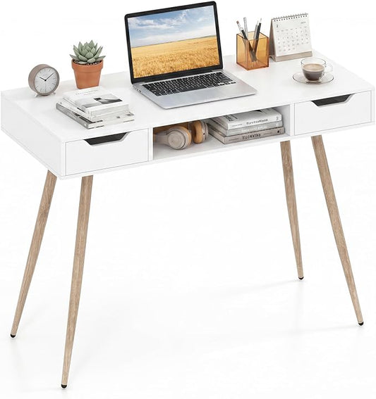 Giantex White Computer Desk with Drawers, 42.5" Minimalist Mid Century Modern Vanity Writing Desk with Open Storage Cubby & Metal Leg, Compact Wooden Study Table for Small Spaces Home Office (White) by Giantex