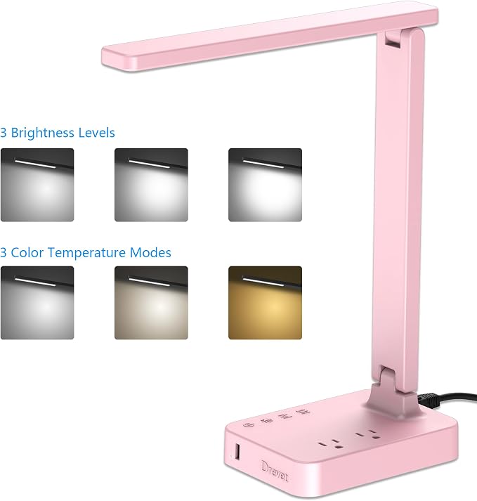 Drevet LED Desk Lamp, Desk Light with 1 USB Charging Port and 2 AC Power Outlet, 3 Lighting Modes, 3 Level Brightness,1H Timer, Touch Control, Eye-Caring Home Office Foldable Table Lamp (Pink) - Image 2