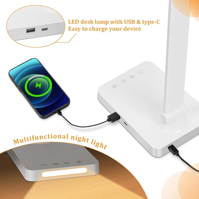 LED Desk Lamp with USB Ports,Touch Desk Lamps for Home Office with 5 Modes | 3 Brightness Desk Light with Small Night Light,Reading Lamp Table Lamp for Bedroom Bedside Study White （with adapter） - Image 4