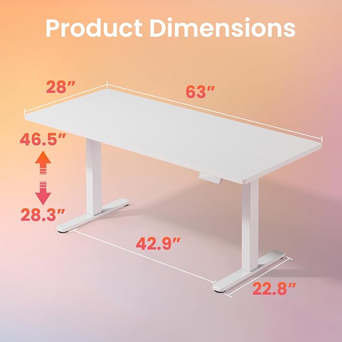 HUANUO 63 x 28 inch Electric Standing Desk Adjustable Height, 4 Memory Height Settings, Sit Stand Up Desk for Home Office & Computer Workstation, White - Image 3