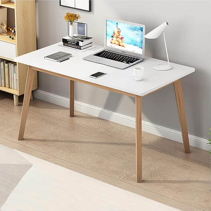 IOTXY Simple Wooden Writing Desk - Modern Minimalist Style PC Laptop Computer Workbench with Solid Wood Legs, 47" W Home Office Work Table for TV Stand Music Video Live Broadcast Workstation, White by IOTXY