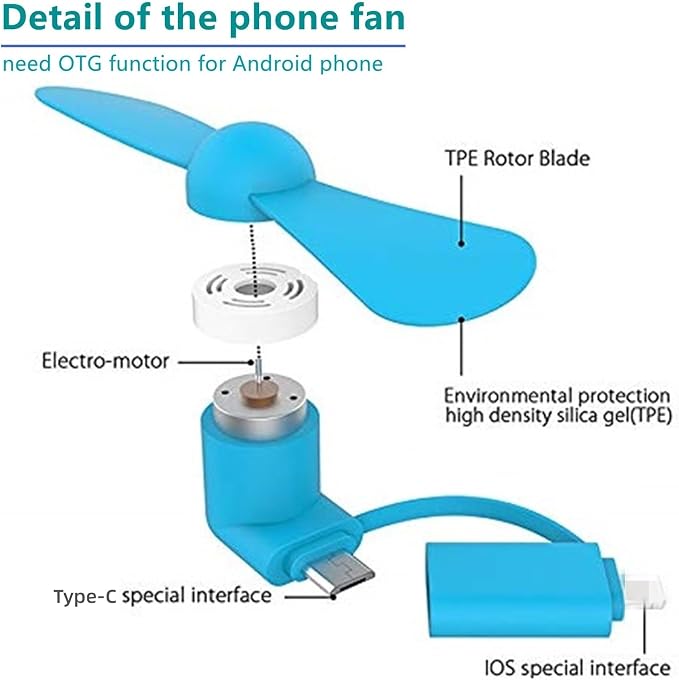 Type USB C 2-in-1 Cell Phone Fan, for iPhone All Series 7 8 X 11 12 13 14 15 16 17 XS XR Plus Mini Pro Max SE, for Samsung Galaxy S, Z Fold Flip, A1/A2/A3/A5 Series, M1/M3/M5, Note Series (Color x6) - Image 6