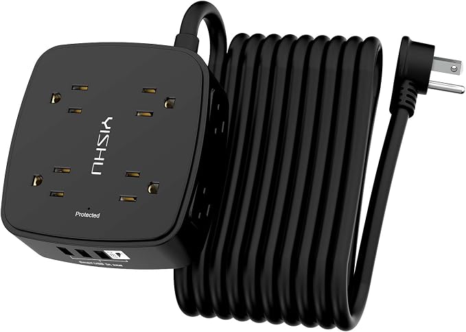 20 Ft Surge Protector Power Strip - 8 Widely Outlets with 4 USB Ports, 3 Side Outlet Extender with 20 Feet Extension Cord, Flat Plug, Wall Mount, Desk USB Charging Station, ETL, Black by YISHU