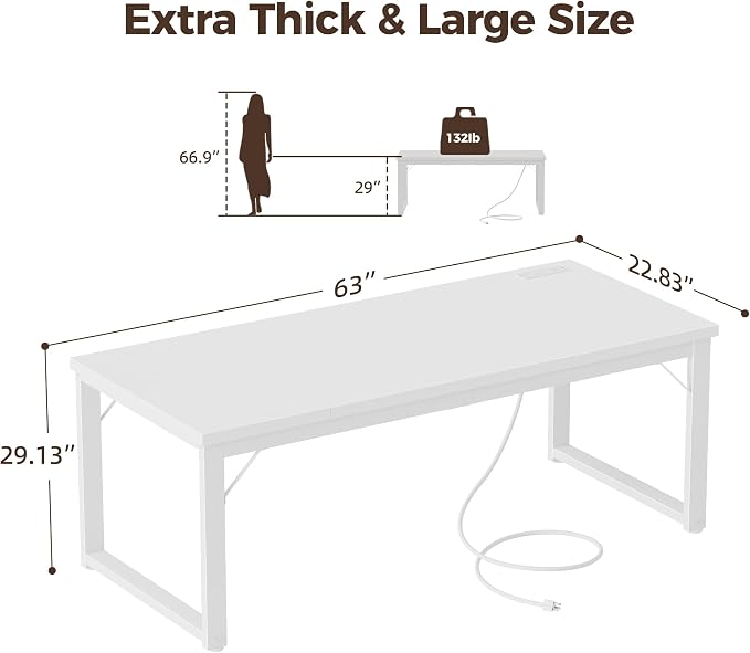 Mericonia 63 Inch Computer Desk with Power Outlets, 1.2" Thick Office Table | Modern Simple Style, Heavy Duty Industrial Frame, Large Study & Writing Table for Home Bedroom Work, White - Image 2