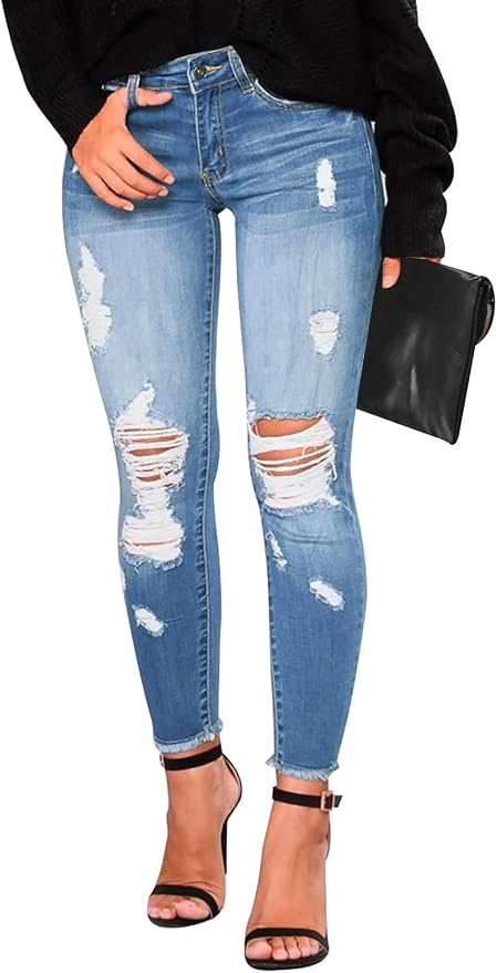 KUNMI Women's Skinny Ripped Trendy Jeans Distressed Stretchy Denim Pants by KUNMI