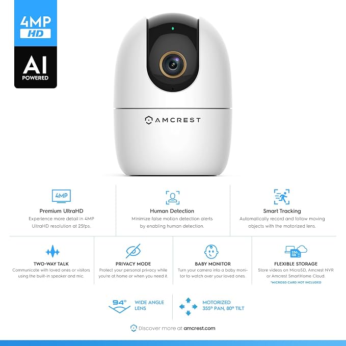 Amcrest 4MP WiFi Camera Indoor Camera, Sound & Baby Monitor, Human & Pet Detection, Motion-Tracking, w/ 2-Way Audio, Phone App, Pan/Tilt Wireless IP, Night Vision, Smart Home ASH41-W - Image 2