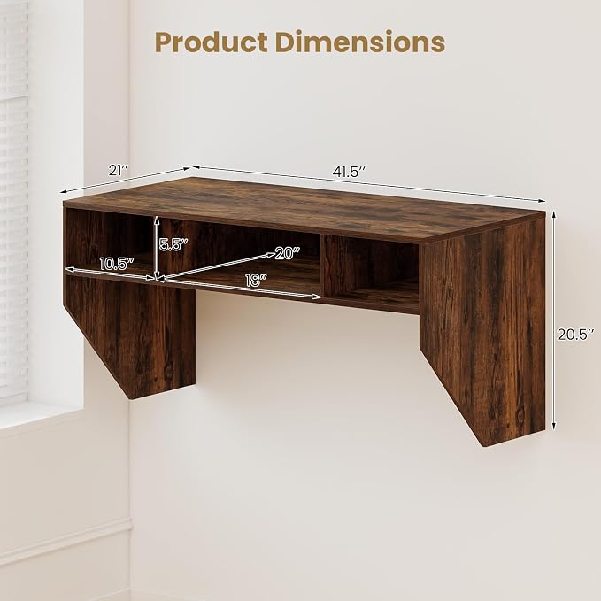Giantex Wall-Mounted Computer Desk, Floating Laptop Desk with 3 Storage Compartments, Space-Saving Home Office Workstation Vanity Table for Bedroom, Study, Living Room (Rustic Brown) - Image 3