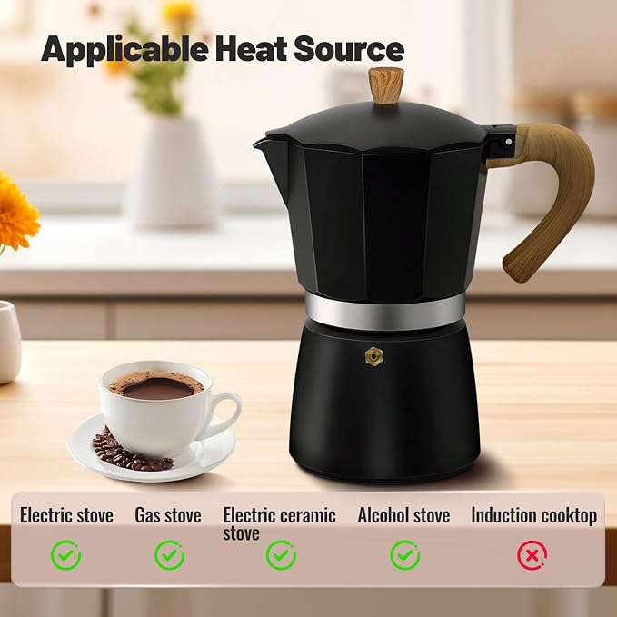 12 Cup Aluminum Moka Pot Classic Stovetop Espresso Coffee Maker 600ml 20oz Coffeemaker Percolator Mocha Pot Greca Coffee Maker Cafe Makers for Italian and Cuban Café Brewing Black - Image 4