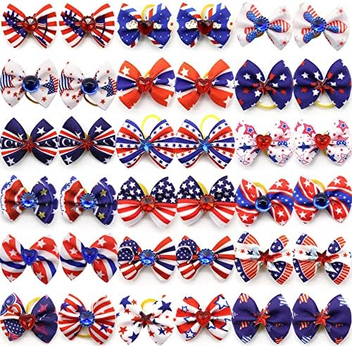 20Pcs/10 Pairs Patriotic Independence Day Decoration Yorkie Dog Puppy Hair Bows with Rubber Bands Hair Accessories Bow Pet Grooming Cute Pet Small Hair Bowknot (Independence Day) by RSACCSKY
