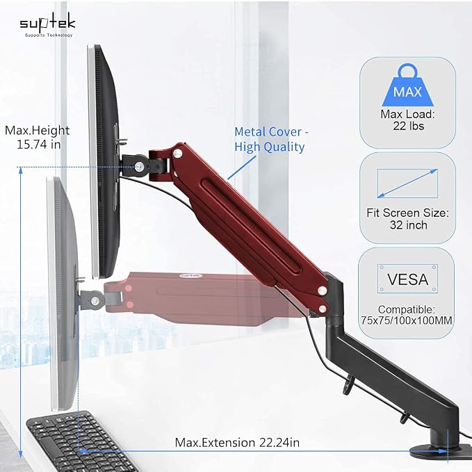 Suptek Monitor Mount Gas Spring Monitor Arm Desk Mount Fully Adjustable Fits 17 20 22 23 24 26 27 32 35 inch Monitors Weight Capacity up to 24.25 lbs - Image 4