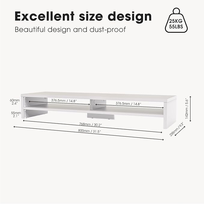 Fenge 31.5 Inch Dual Monitor Stand Riser for Desk, White | Wooden Desk Shelf, 2-Tier Open Storage Compartment, for PC Laptop Screen Printer, Home Office Desktop Organizer - Image 4