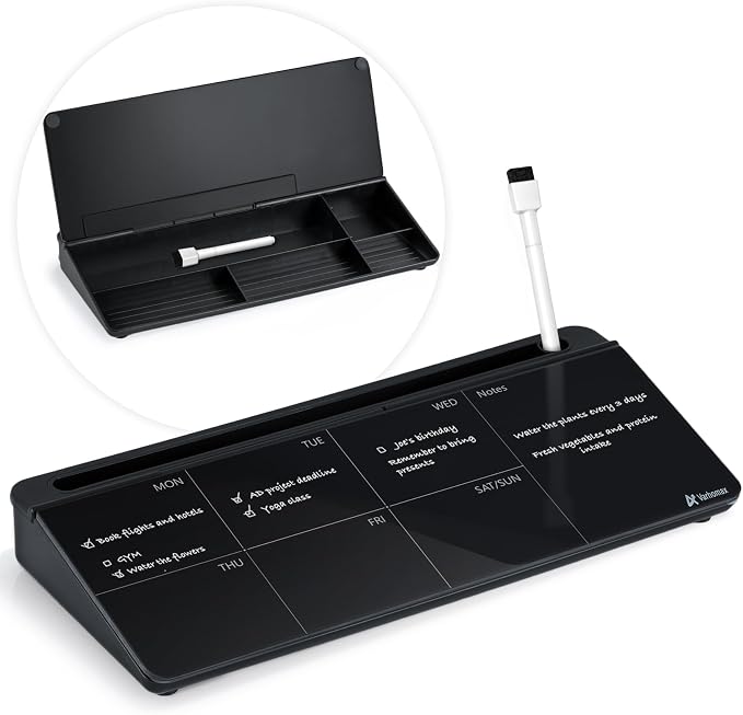 Varhomax Glass Weekly Planner Desk White Board, Desktop Calendar Whiteboard with Storage, to Do List Memo Caddy for Home Office and School Supplies, Black by Varhomax