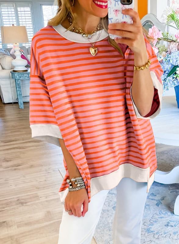 SHEWIN Womens Tops Casual Short Sleeve Sweatshirt Crewneck Striped Shirt Pullover T Shirts Loose Blouses - Image 3