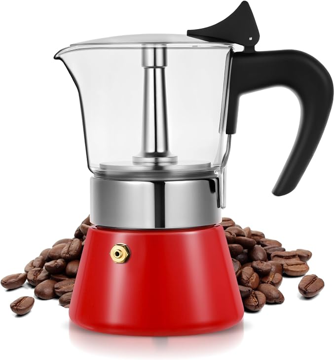 4 Cup 200ml Glass Moka Pot, Stovetop Espresso Maker, Red | Crystal Glass-top & Stainless Steel Coffee Maker, Induction Compatible, for Greca de Cafe, Cuban and Italian Coffee Brewing by Suiitat