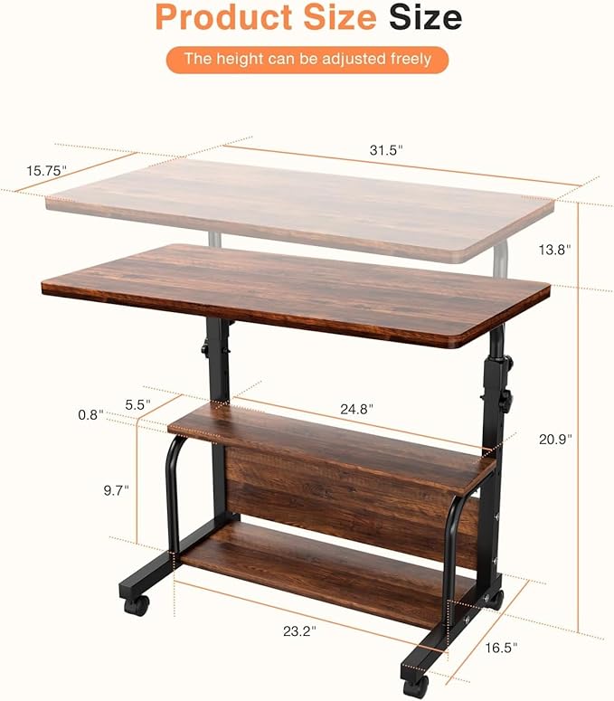 QZMDSM Portable Rolling Desk on Wheels Adjustable Height Desks for Small Spaces, 32" Computer Desk Drafting Tables with Storage Shelves for Home Office Rustic - Image 3