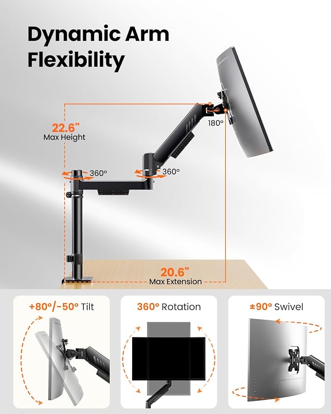 ErGear Single Monitor Arm, Adjustable Desk Gaming Monitor Mount for 13-34″ Screens, Up to 19.8 lbs, Enhanced Stability with Integrated C-Clamp, Upgraded Cable Management, VESA 75x75/100x100mm, Black - Image 4