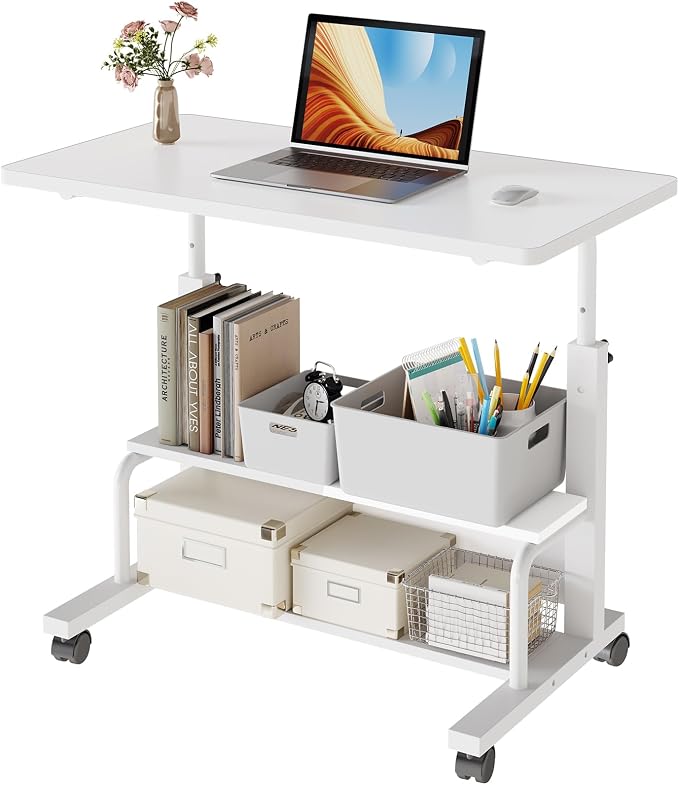 DUMOS Rolling Desk, Storage Shelves, Laptop Table, Home Office | Height Adjustable Design, Computer Desks on Wheels, Portable for Small Spaces Use, White by DumosLifestyle