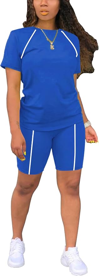 STOLKISS Women 2 piece Short Sets Classic Striped Outfits Summer Casual Short Sleeve T-Shirt and Short Jogger Tracksuits Sets by STOLKISSWOMENSCLOTHES