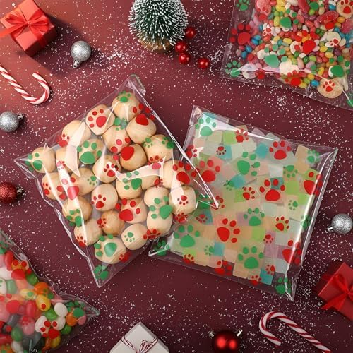 Pasimy 300 Pcs Paw Dog Treat Bags Clear Cellophane, Christmas Color - Image 4