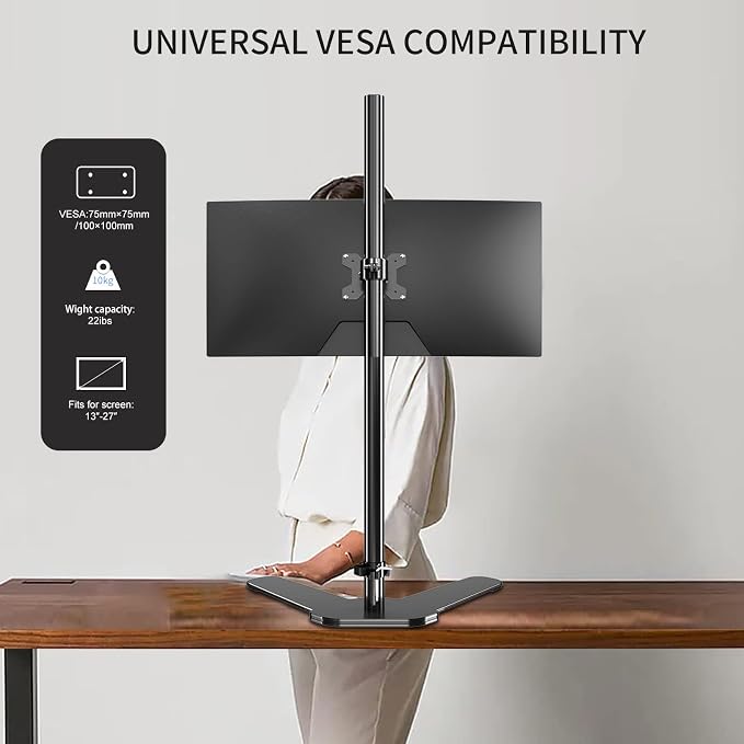 Single Tall Monitor Mount, Extra Long Computer Stand with 47 inch Pole, Floor Computer Stand, Free-Standing Monitor Desk Mount Support 13 to 27 inch Screen,22lbs - Image 4