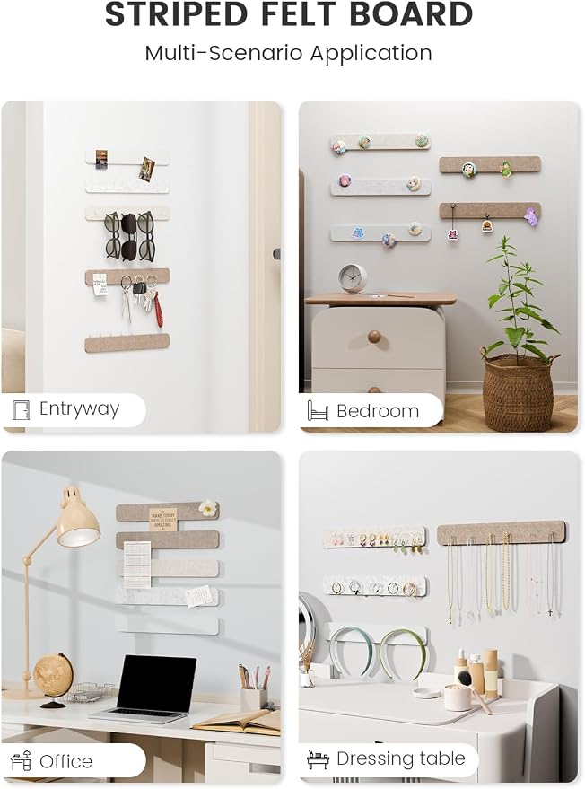 Fluxynara 13" x 2" Felt Wall Panels, Stone Beige | 5-Pack Cork Board Alternative with 35 Push Pins, Adhesive Mounting for Bedroom Door or Home Office - Image 6