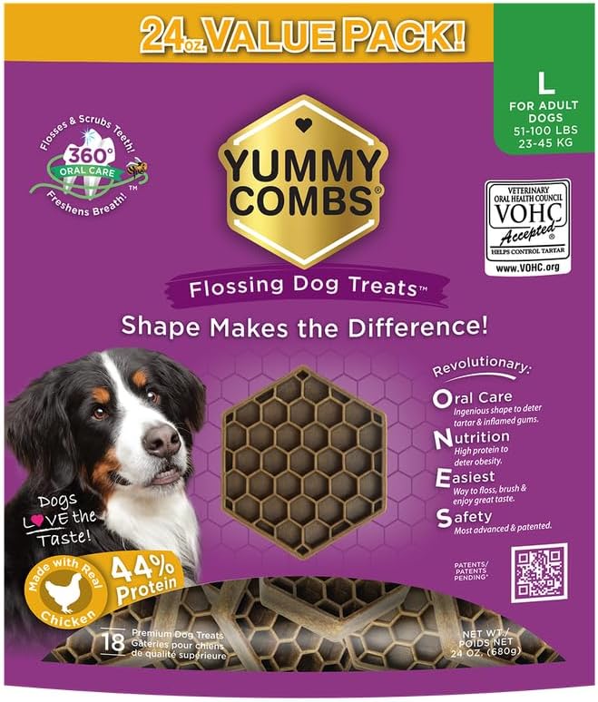 Yummy Combs Dog Dental Treats – Vet VOHC Approved – Delicious Chicken Protein – Removes Tartar with Cleaning Comb Shape – Dental Dog Treats for Large Dogs (24oz, 18 Count) by YummyCombsDogDentalTreats