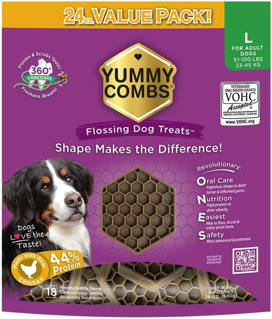 Yummy Combs Dog Dental Treats – Vet VOHC Approved – Delicious Chicken Protein – Removes Tartar with Cleaning Comb Shape – Dental Dog Treats for Large Dogs (24oz, 18 Count) by YummyCombsDogDentalTreats