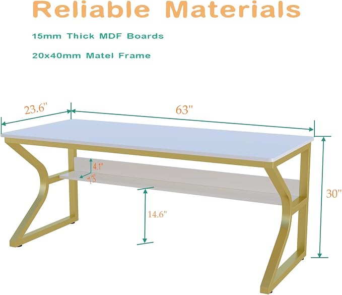OSCHF 63-Inch Extra Long Desk with Storage Shelf, Gold | Double Long Writing Table, Space-saving, 2-Person Workstation, Modern Study Work Computer Desk, For Home Office - Image 2