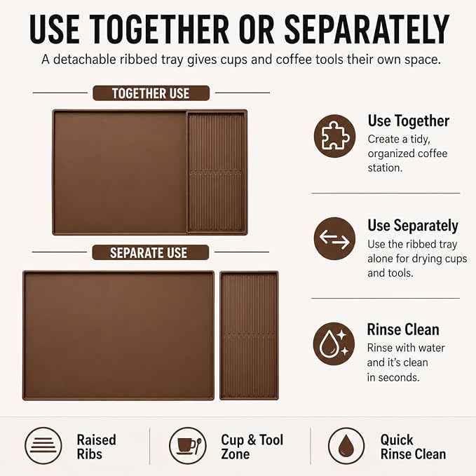 Silicone Coffee Mat 24 x 16 in with Tray, Classic Coffee Brown | Coffee bar mat for countertop use, coffee station mat or coffee machine mat with removable tray and 0.47 in raised rim. - Image 7