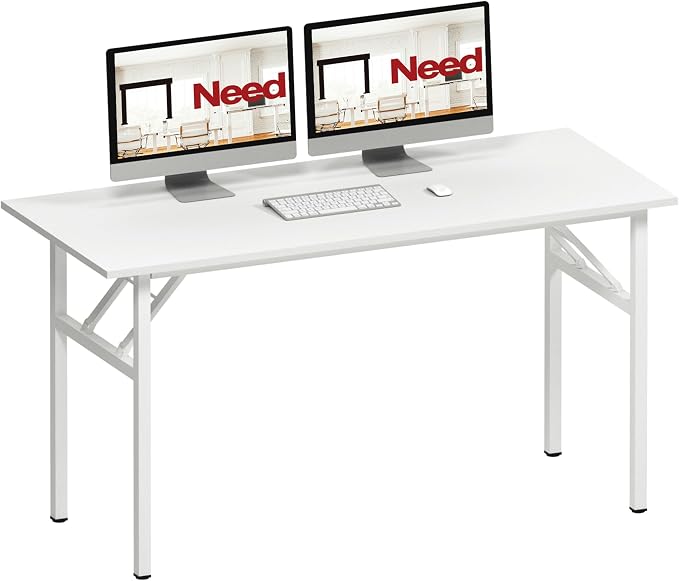 Need Office Computer Desk 54.3 Inch Sturdy Folding Laptop Table White | White Frame Writing Gaming Work Table/Foldable Home Office Desk/Sewing Table, No Assembly Required by Need