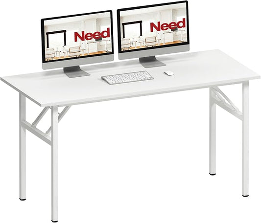Need Office Computer Desk 54.3 Inch Sturdy Folding Laptop Table White | White Frame Writing Gaming Work Table/Foldable Home Office Desk/Sewing Table, No Assembly Required by Need