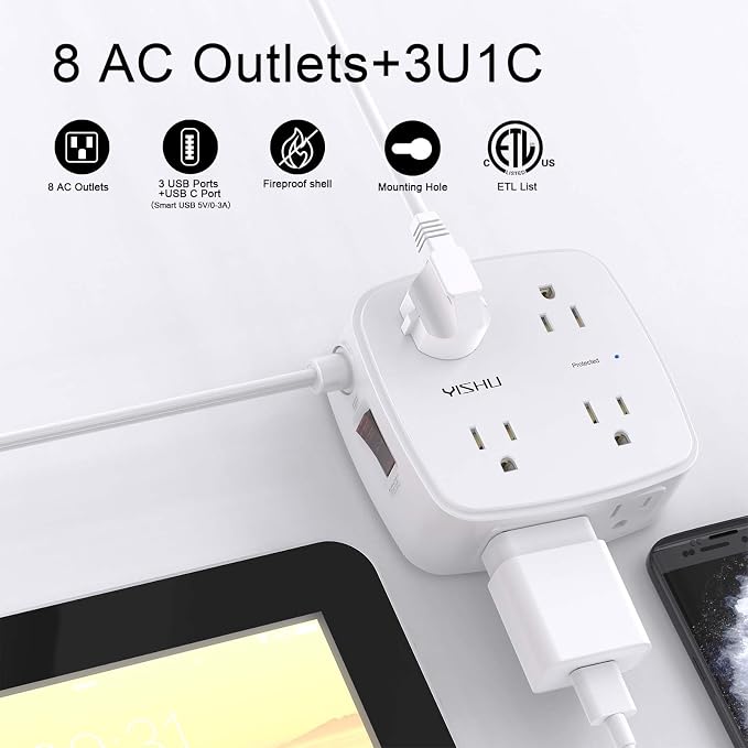 6 Ft Surge Protector Power Strip - YISHU 8 Widely Outlets with 4 USB Ports, 3 Side Outlet Extender with 6 Feet Flat Extension Cord, Ultra Flat Plug, Wall Mount, Desk USB Charging Station, ETL, White - Image 2