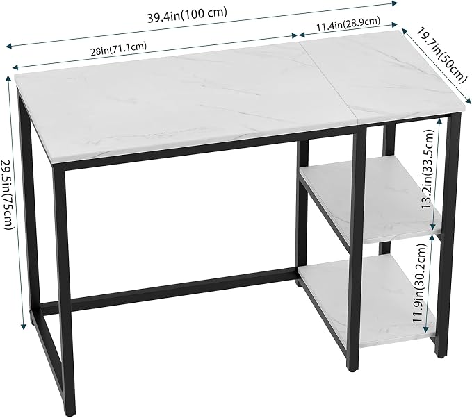 SINPAID Computer Desk 40 inches with 2-Tier Shelves Sturdy Home Office Desks with Large Storage Space Modern Gaming Desk Study Writing Laptop Table, Black Marbling (White Marble, 40 inch) - Image 3