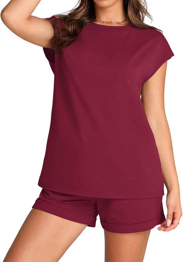 WIHOLL 2 Piece Sets for Women Casual Summer Travel Vacation Outfits Cap Sleeve Shorts Lounge Set - Image 4