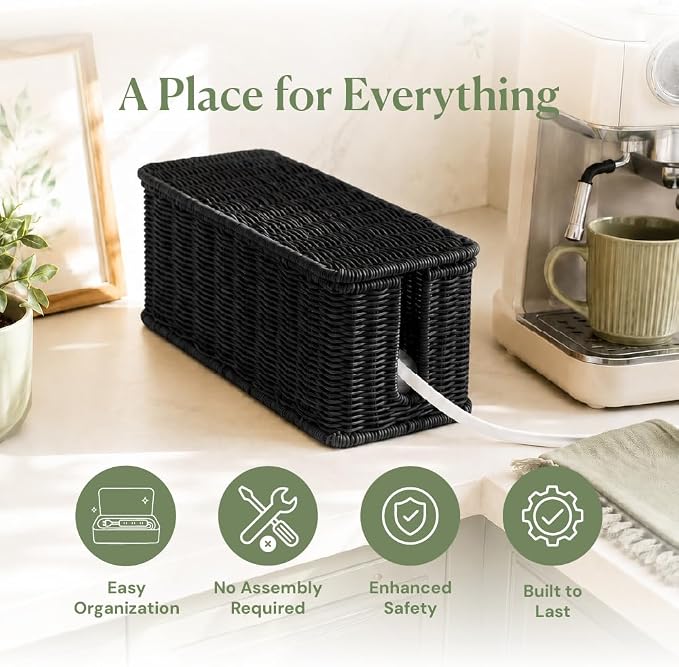 Cable Management Box, Handmade Rattan Cable Organizer with 2 Open Slots, Cord Hider for Power Strip, Router & USB Hub, Registered U.S. Design Patent (D1,112,102), 13" x 5.1" x 5.1", Black - Image 3