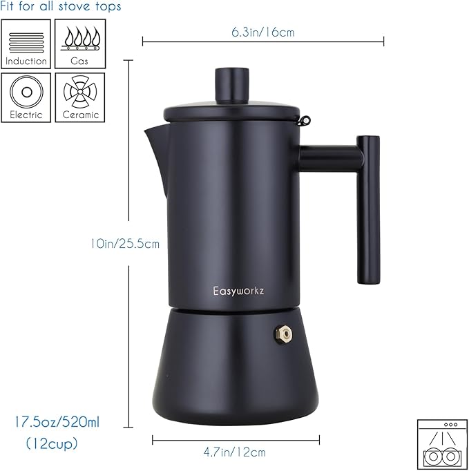 Easyworkz Diego Stovetop Espresso Maker Stainless Steel Italian Coffee Machine Maker 12Cup 17.5 oz Moka Pot Induction Espresso Pot - Matte Black - Image 3
