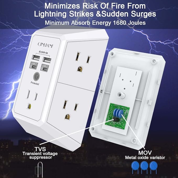 USB Wall Charger, Surge Protector, QINLIANF 5 Outlet Extender with 4 USB Charging Ports(2U2C) 3-Sided 1680J Power Strip Multi Plug Outlets Wall Adapter Spaced for Home Travel Office, White - Image 5