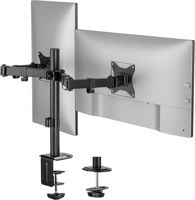 Mount-It Dual Monitor Arm, Desk Mount for 2 Screens 13-32 in, Steel | Holds up to 19.8 lbs Each, Full Motion Tilt Swivel Rotate, VESA 75x75 100x100, Cable Management, C-Clamp or Grommet, Black by Mount-It