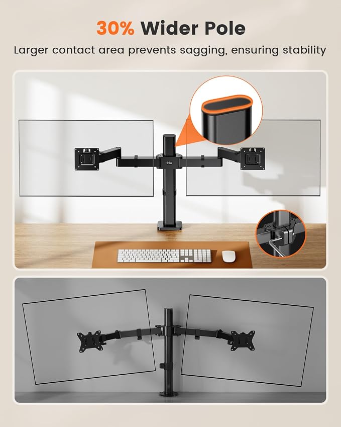 ErGear Dual Monitor Stand for 17-32 inch, Dual Monitor Mount with Adjustable Tilt, Swivel, Rotation, Tiered Arms for Extra Height, Supports 22 lbs per Arm - Image 3