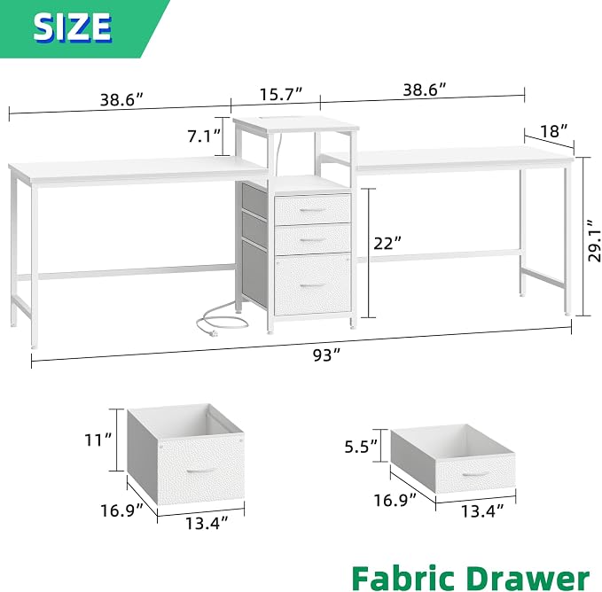 GYIIYUO 93'' Two Person Desk with Charging Station, Long Desk with 3 Drawer | Double Computer Desk with Printer Shelf, 2 Person Writing Study Table Workstation for Home Office, White - Image 2
