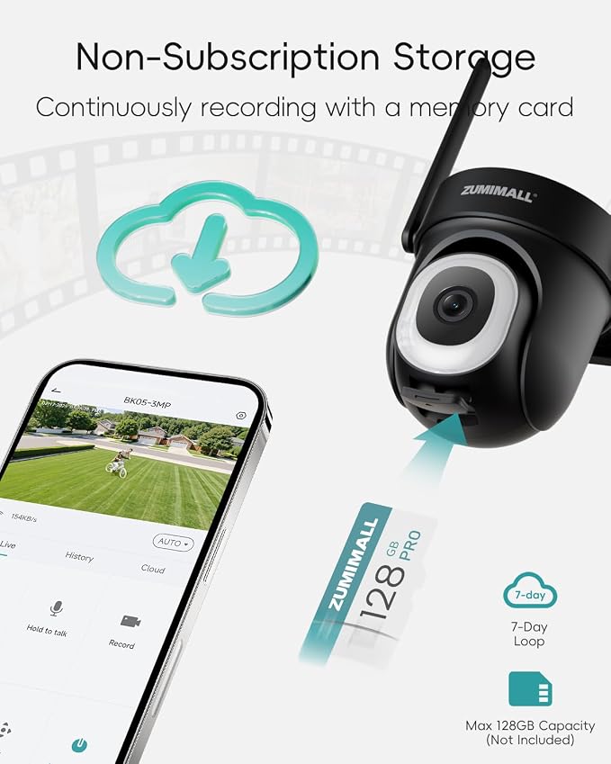 ZUMIMALL 2K Wired Outdoor Camera, 2.4G/5G WiFi Security Camera, 3MP, 24/7 Recording, AI Motion Detection, Cloud & SD Card Storage, 2-Way Audio, 360° PTZ Auto Tracking, Work with Alexa - 2-Pack, Black - Image 8