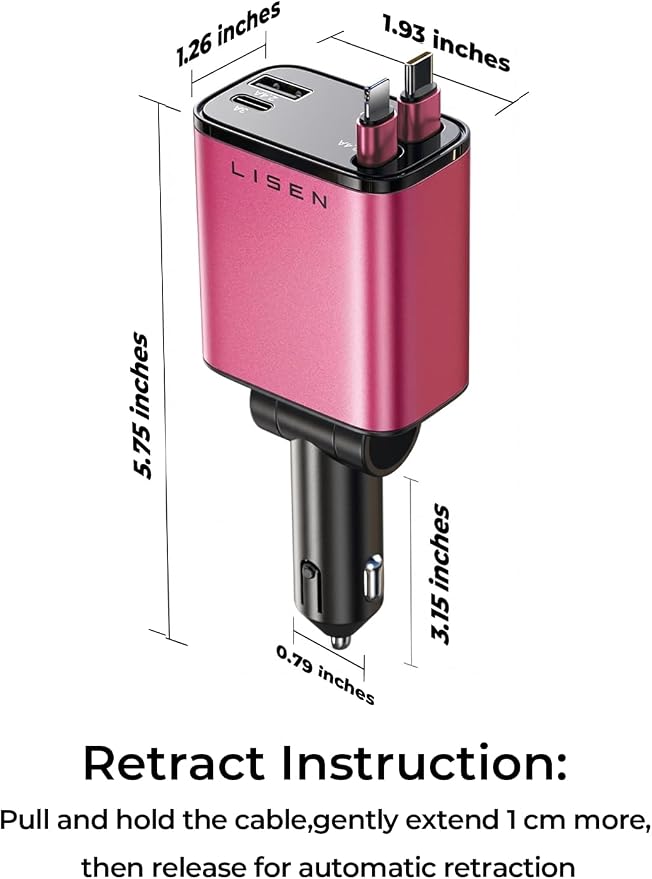 LISEN Retractable Car Charger, 84W Car Charger USB C Fast Charger Adapter, Car Accessories for Men Women, Gifts for Fathers Day for Men Dad Husband, for iPhone 17 16 15 14 13 12 Pro Max, Pink-Black | USB C Car Charger Fast Charge, Pink-Black Car Access... - Image 7