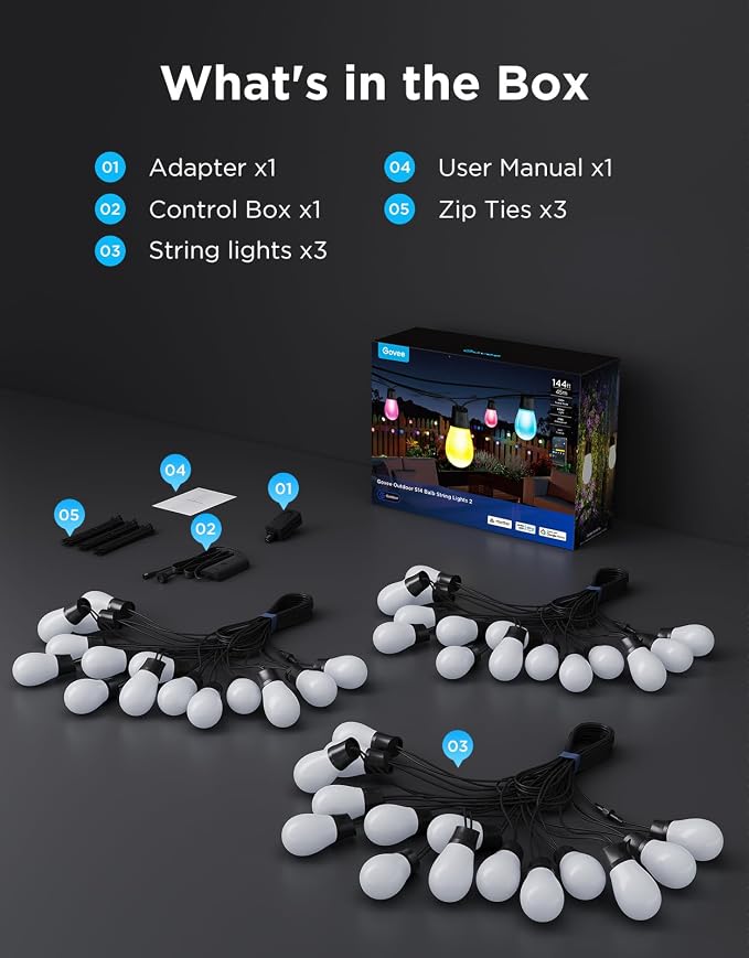 Govee S14 Bulb Outdoor String Lights 2, 144ft RGBICWW, 45 LED Bulbs, IP66 | Patio Lights with 111 Scene Modes for Patio, Backyard, Garden, Compatible with Alexa, Google, Matter, APP Control - Image 9
