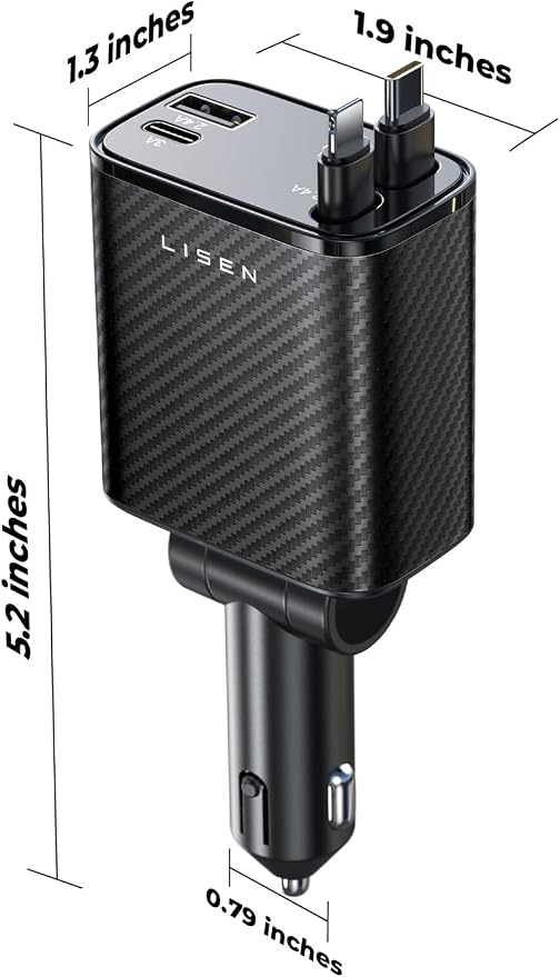 LISEN Retractable Car Charger, 84W Car Charger USB C Fast Charger Adapter, Car Accessories for Men Women, Gifts for Fathers Day for Men Dad Husband, for iPhone 17 16 15 14 13 12 Pro Max, Carbon-Black | Car Accessories, Compatible with iPhone 17 16 15 1... - Image 9
