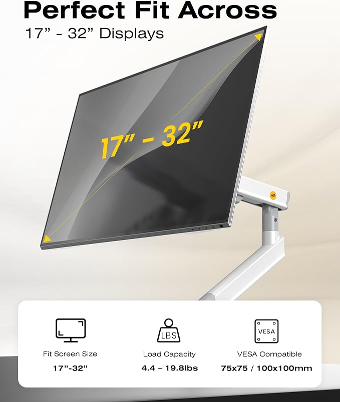 NB SmooVex™ Single Monitor Arm for Monitors 17'' to 32 inch, Mechanical Spring Mount Load up to 9 kg, VESA 75/100 mm Monitor-Mount A5 (White) - Image 4