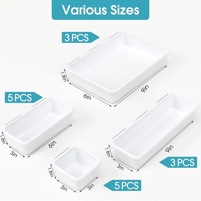 16 PCS Drawer Organizer Set, 4 Size Makeup Drawer Divider Organizer With Non-Slip Pads, Interlocking Plastic Storage Bins for Office,Jewelry Vanity,Gadgets, Bathroom,Kitchen, White - Image 2