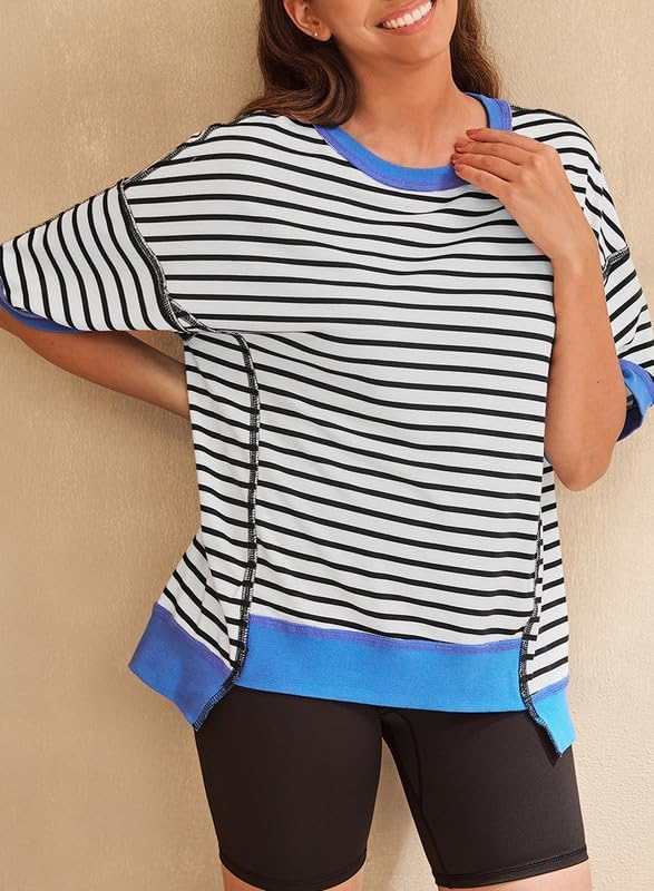 SHEWIN Womens Tops Casual Short Sleeve Sweatshirt Crewneck Striped Shirt Pullover T Shirts Loose Blouses - Image 5